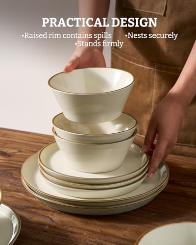 Famiware Saturn Stoneware Dishes Dinnerware Set for 8, Rimmed Plates, Bowls | Vanilla White, 24-Piece Ceramic Kitchenware, Chip and Scratch Resistant, Microwave & Dishwasher Safe, Modern Rustic Tableware - color: Vanilla White, size: 24