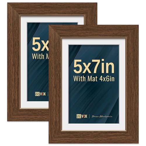 VCK 5x7 Picture Frame 2 Pack, Brown Wood, 4x6 Mat, Glass, for Artwork | Tempered Glass, Acid-Free Mat, Vertical or Horizontal Tabletop and Wall Display, for Photos, Gallery Wall, and Study Room - color: Brown, size: 5x7, style: 2 Pack