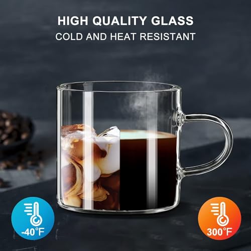 PARACITY Espresso Shot Glass Set of 2, 4.3 fl oz Clear Cups with Handles | Borosilicate bodies fit semi-automatic and pod machines, holding 3-4 shots for americano, latte, cappuccino, mocha or foam - size: 4.3 Ounces