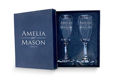 Bride and Groom Names & Date Engraved Set of 2 Glasses With Box, Customized Wedding Toast Champagne Flute Set with Box, Wedding Toasting Glasses - Personalized Flutes - color: Wedding-06, style: Glasses + Gift Box