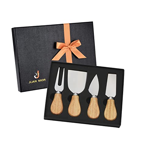 Exquisite 4-Piece Cheese Knives Set, Complete Stainless Steel Cheese Knife Collection (Gift-Ready) - style: Oak Wood