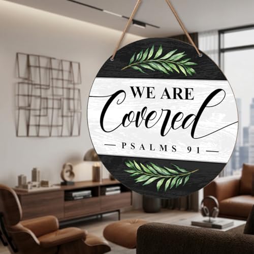 Christian Welcome Wood Hanging Sign Wall Decor for Home Front Door, We Are Covered Farmhouse Christian Bible Verse Wooden Sign Decorations for Home Entryway Living Room Bathroom Kitchen