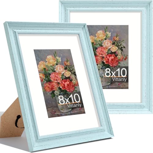 Vittanly 8x10 Picture Frames, Vintage Photo Frames, Distressed Mint, 2 Pack | Display 5x7 Pictures with Mat or 8x10 without Mat, Rustic Frames Covered by Plexiglass, Wall & Tabletop Farmhouse Home Decor - color: Distressed Mint, size: 8x10