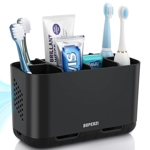 Boperzi Toothbrush Holders for Bathrooms Organizers and Storage, Large Tooth Brush Holders with Drainage, Anti-Slip Electric Toothbrush and Toothpaste Holders Caddy for Shower Kids Family, Black - color: Black