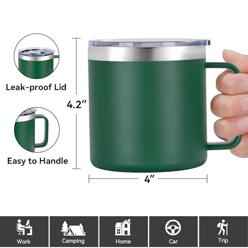 VEGOND 14 oz Insulated Coffee Mug with Handle, Stainless Steel Travel Coffee Mug with Lid, Double Wall Vacuum Metal Coffee Cup, Coffee Tumbler Powder Coated, Dark Green 1 Pack - color: Dark Green, size: 14 Ounces