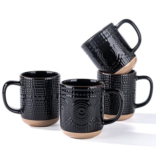 GBhome Coffee Mugs Set of 4, 16 oz Black Coffee Cups with Large Handle | 4 Assorted Designs, Embossed Ceramic Coffee Mugs for Coffee/Tea/Cappuccino, Dishwasher&Microwave Safe - color: Black, size: Set of 4
