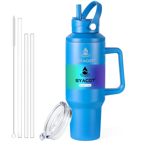 40 oz Tumbler with Handle and Straw or Convert to 40 oz Insulated Water Bottle Fits in Cup Holder. Stainless Steel Metal Water Flask with 2 Lids for Travel,Camping,Gym Sports Coffee Mug Thermal Cup - color: Cobalt
