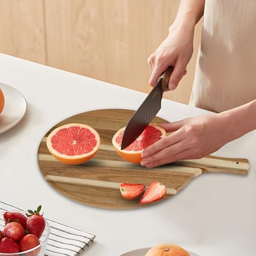 Acacia Wood Round Cutting Board with Handle, 15.7" x 11.8" | Small Decorative Charcuterie Board for Kitchen, Wooden Chopping Board, Serving Board for Cheese, Meat, Vegetables, Bread - size: 15.7"L x 11.8"W