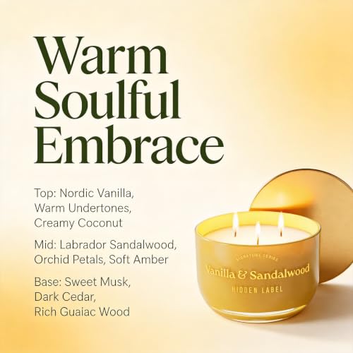 Hidden Label Vanilla Sandalwood Candle, 18oz 3 Wick, 70H Gold Bowl | Warm Amber Glass with Mirror Lid | Natural Non Toxic Soy Wax | Luxury Aromatherapy Gift for Women - color: Vanilla & Sandalwood
