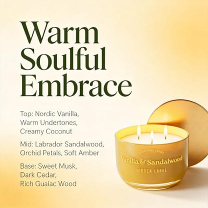 Hidden Label Vanilla Sandalwood Candle, 18oz 3 Wick, 70H Gold Bowl | Warm Amber Glass with Mirror Lid | Natural Non Toxic Soy Wax | Luxury Aromatherapy Gift for Women - color: Vanilla & Sandalwood