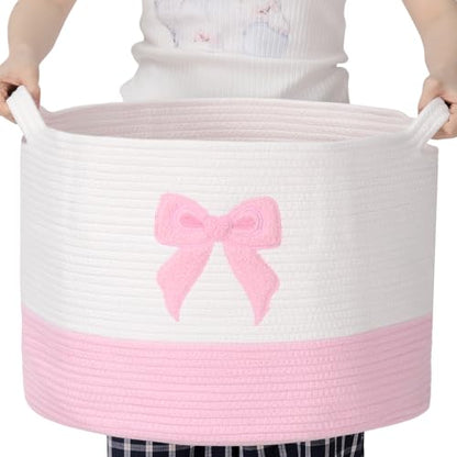 LemonRoad Pink Bow Extra Large Cotton Rope Basket 20"x14", Embroidered Woven Baby Laundry Blanket Basket Box with Handle Storage, Blanket Storage for Living Nursery Pillows Laundry Baby Toy Chest - style: Bow