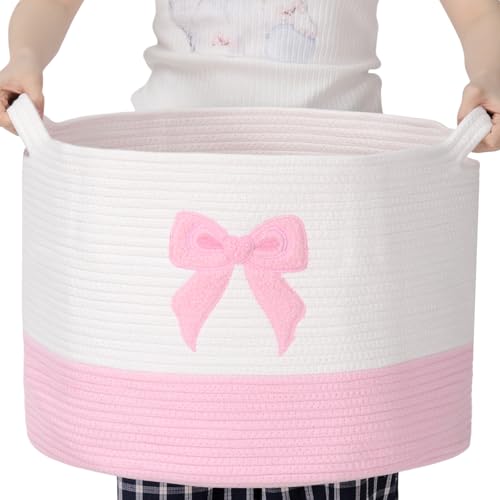 LemonRoad Pink Bow Extra Large Cotton Rope Basket 20"x14", Embroidered Woven Baby Laundry Blanket Basket Box with Handle Storage, Blanket Storage for Living Nursery Pillows Laundry Baby Toy Chest - style: Bow