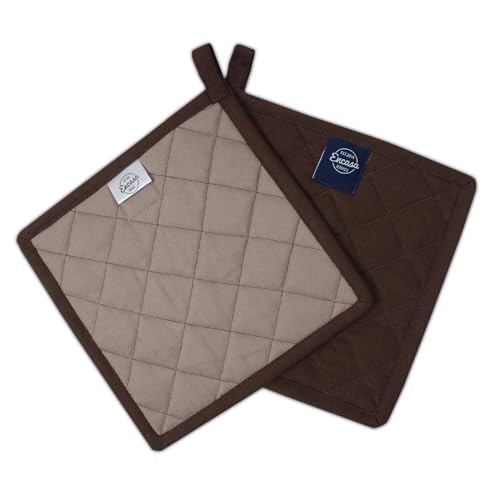Encasa XO Pot Holders, Quilted Kitchen Hot Pads 8"x8" Dark Taupe & Beige | 100% Heavyweight Cotton | Quilted Insulation | Multipurpose Trivets & Hot Pads | Hanging Loop | Set of 2 - color: Dark Taupe & Beige