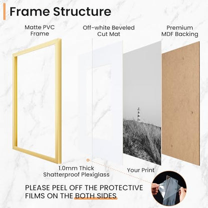 11x17 inch Picture Frame, 11x17 Photo Frames with 8x12 Removable Mat - High Definition Plexiglass - Vertical and Horizontal Display - Wall Hanging Frame - Gold, 3 Pack - color: Gold, size: 11x17, 3P