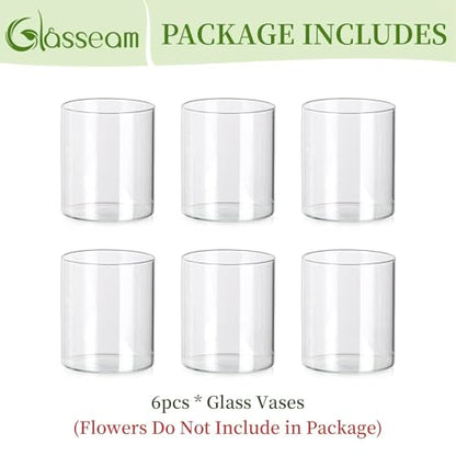Glasseam Cylinder Vases for Centerpieces, 6Pcs Clear Glass Vase for Flowers | Hurricane Pillar, Floating Candle Holder, Modern, Small Home Decorations, Table Centerpieces, Wedding, Party, 4In - size: 4In