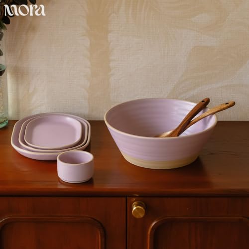 MORA Giant Salad Bowl Set with Wood Salad Servers, 4 qt Large Ceramic Serving Bowl for Salad, Pasta & Fruit, Microwave, Oven and Dishwasher Safe - Dawn - color: Dawn