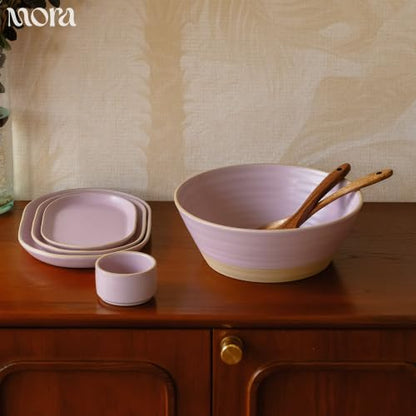 MORA Giant Salad Bowl Set with Wood Salad Servers, 4 qt Large Ceramic Serving Bowl for Salad, Pasta & Fruit, Microwave, Oven and Dishwasher Safe - Dawn - color: Dawn