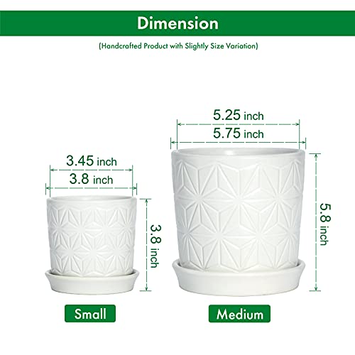 D'vine Dev 2-Pack Geometric Stoneware Planters, 3.8/5.8 in, White, 99-E-1 | Drainage Hole and Saucer, Sculptural Geometric Design, Rich Glazed Surface, Modern Style, Elegant Accent for Indoor Plants - color: White