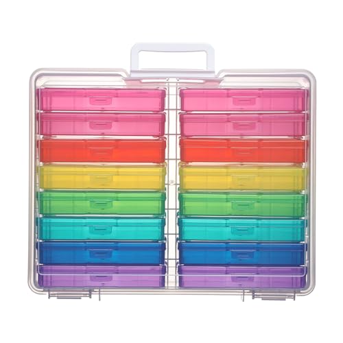 PCA Photo Storage Box 4" x 6" Cases With Handle - 16 Inner Keeper, Large Organizer, Plastic Craft Case for Stickers, Stamps, Jigsaw, Vegetable Seeds - color: multicolored