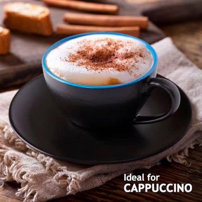 MIAMIO - Set of 6, Ceramic Stackable Cappuccino Cups Set / 6 Ounce Cappuccino Mugs and Saucer with Metal Stand for Coffee Drinks, Cafe, Latte, Americano and Tea - Le Papillon Collection (Blue) - color: Blue