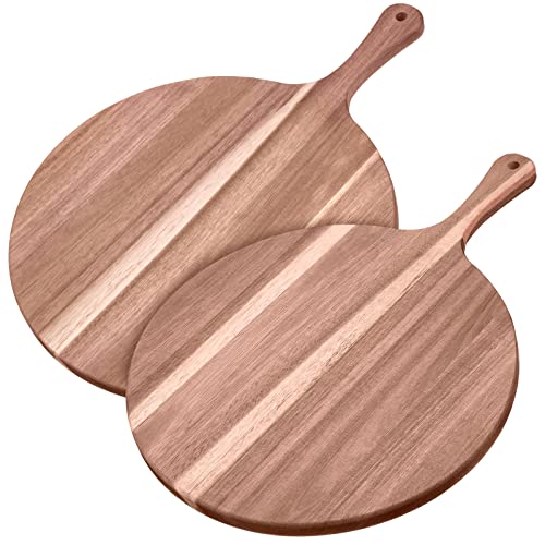 2 Pcs Round Wood Cutting Board Pizza Charcuterie Boards 16" x 12" Acacia Serving Board Wooden Peel Cheese Paddle with Handle Kitchen Gift for Home Food Baking Cheese Fruits Vegetables Bread