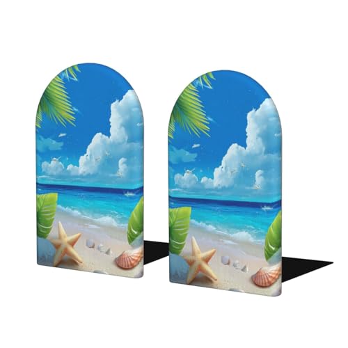 Cartoon Tropical Beach Scene Wooden Bookends for Shelves Decorative Book Ends Universal Book Organizer Holder for Office, Heavy Books, Vinyl Records - color: Cartoon Tropical Beach Scene