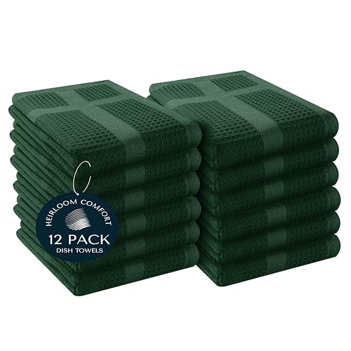 12 Pack Waffle Weave Kitchen Towels, 16x26 Inch, 100% Cotton, Absorbent Dishcloth Set, Quick Dry, Soft for Cleaning, Wiping, Hand Towels, Dish Rags, Wash Cloth, Durable, Forest Green - color: Forest Green, style: 12 Pack