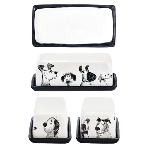 Bico Doodle Pawtrait Ceramic Butter Dish with Lid, Wide Butter Keeper for Counter, Kitchen Countertop, Microwave and Dishwasher Safe - color: Doodle Pawtrait