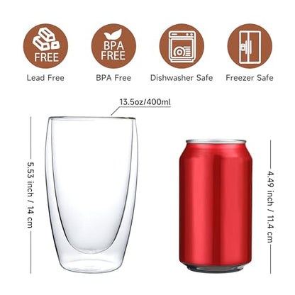 CNGLASS Double Wall Thermo Glass Cup 13.5 oz,Insulated Glass Coffee Set of 2 - color: 13.5oz(2-pack)