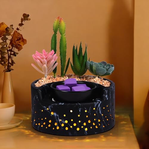 Ceramic Wax Melt Candle Warmer 4-in-1, Flameless PTC Heating with 7-Color LED Night Light, Electric Essential Oil Diffuser, Zen Design Marble Succulent Pot, for Yoga Room Home Office Decor - color: Black