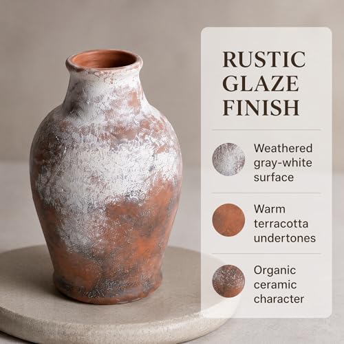 Handmade Rustic-Style Ceramic Decorative vase, Dimensions 8.3 x 5.5 inches, Featuring Distressed Gray and Terracotta hues, Suitable for Rustic, Country, and Various Decor Styles.