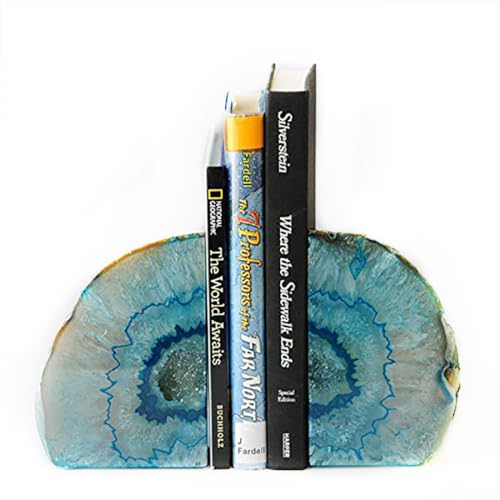JIC Gem Teal Agate Geode Bookends Anti-Slip Rubber Bumpers 1 Pair 2-3 Lbs | Teal Dyed Agate Geode Crystal Book Stoppers,Stone Holders for Bookshelf Desktop Home Office,Unique Gemstone Decor Gift - color: Green Dyed, size: 2-3LBS.