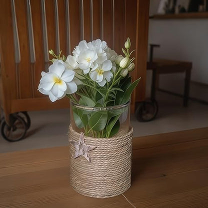 Rustic Seagrass Glass Vase, Rattan Flower Vase, Boho Vases for Decor, Wicker Dining Table Vases, Rattan Woven Tea Light Candle Holder Decor, Decorations for Farmhouse/Living Room/Bedroom (Seagrass)