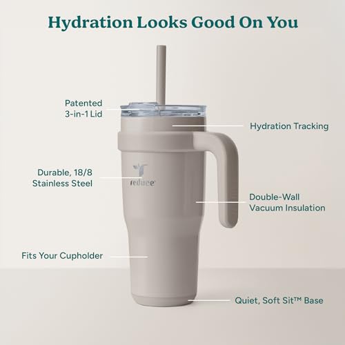 REDUCE 24 oz Stainless Steel Tumbler with Handle - Dual-Wall Vacuum Insulated Travel Mug, Sweat-Proof Lid & Reusable Straw - Keeps Drinks Cold for 24 Hrs, Fits Cupholders, Dishwasher Safe - Sand - color: Sand, size: 24 Ounces