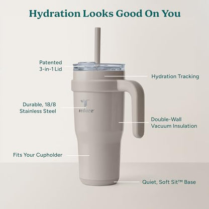 REDUCE 24 oz Stainless Steel Tumbler with Handle - Dual-Wall Vacuum Insulated Travel Mug, Sweat-Proof Lid & Reusable Straw - Keeps Drinks Cold for 24 Hrs, Fits Cupholders, Dishwasher Safe - Sand - color: Sand, size: 24 Ounces