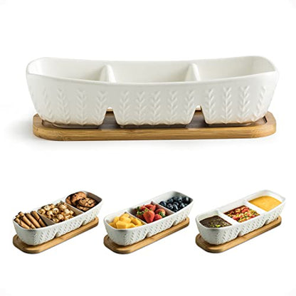 Miamolo Condiment Bowls Divided Serving Tray, Chip and Dip Bowl for Party | Ceramic 10-inch, 3 Compartment Tray + Wood Base | for Snacks Appetizer Charcuterie, Microwave Oven Safe, Hosting Essentials - size: Medium-10 inches