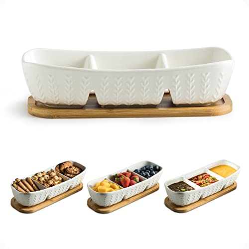 Miamolo Condiment Bowls Divided Serving Tray, Chip and Dip Bowl for Party | Ceramic 10-inch, 3 Compartment Tray + Wood Base | for Snacks Appetizer Charcuterie, Microwave Oven Safe, Hosting Essentials - size: Medium-10 inches