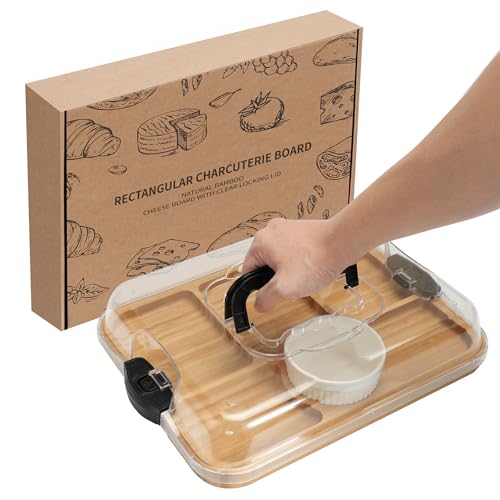 WILLKOMMEN Charcuterie Board with Lid- 6 Section Rectangular Serving Tray with Carry Handle & Locking Lid, Portable Bamboo Serving Platter, Food Trays for Party Picnic Cheese Snack - style: 6 Compartments-Rectangle