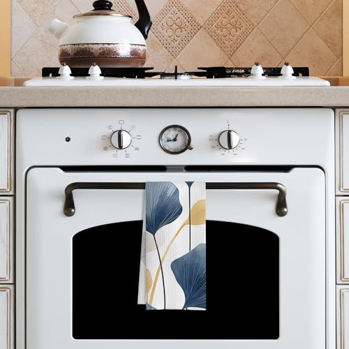 Boho Botanical Kitchen & Bath Towels - Navy & Golden Ginkgo Leaves, Mid Century Modern Decor, 16x24 Inch - color: 2- Abstract Towels