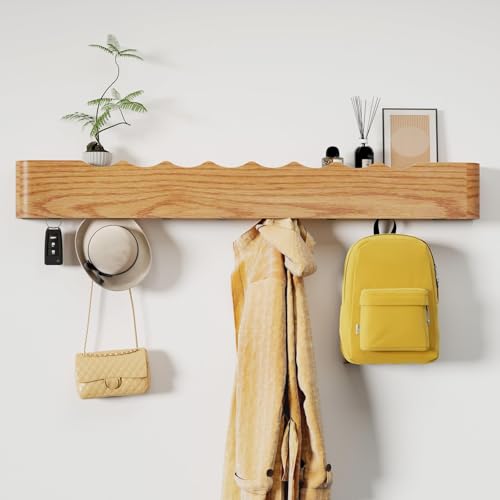 Coat Rack Wall Mount with Shelf 8 Hidden Hooks Modern Wooden Key Holder Entryway Organizer for Hallway Bedroom Bathroom Home Decor Storage for Hanging Coats Hats Bags Towels, Wave-Shape Oak - color: Oak Wave-Shape, size: 8 Hooks