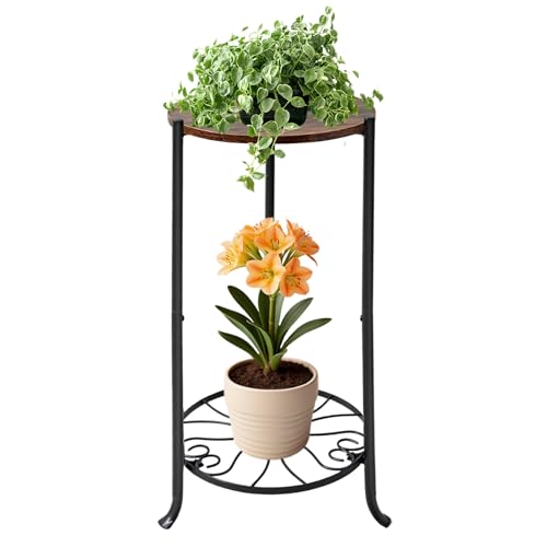 Plant Stand Indoor, 2-Tier Tall Wood & Iron Plant Stand, Heavy Duty Floor Plant Shelf Plant Rack for Patio Living Room Balcony Home Decor