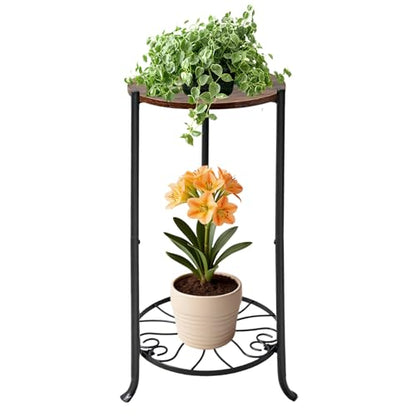 Plant Stand Indoor, 2-Tier Tall Wood & Iron Plant Stand, Heavy Duty Floor Plant Shelf Plant Rack for Patio Living Room Balcony Home Decor