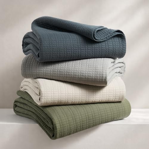100% Cotton Modern Grid Stitch Quilt Set, King Size, Birch | Pre-Washed Cotton Coverlet Bedspread, Oversized Lightweight 3-Piece Bedding Set for All Season, with 2 Pillow Shams - color: Birch, size: King (110" X 94")