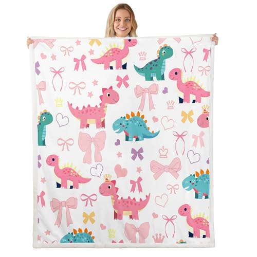 Cute Dino Kids Fleece Blanket,Kawaii Bowknot Heart Princess Style Throw Blanket for Adult,Pink Blue Dinosaur Cartoon Animal Lightweight Polyester Sofa Sherpa Blanket, Queen (90 x 90 Inch) - color: 01 White Pink, size: Queen