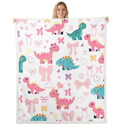 Cute Dino Kids Fleece Blanket,Kawaii Bowknot Heart Princess Style Throw Blanket for Adult,Pink Blue Dinosaur Cartoon Animal Lightweight Polyester Sofa Sherpa Blanket, Queen (90 x 90 Inch) - color: 01 White Pink, size: Queen