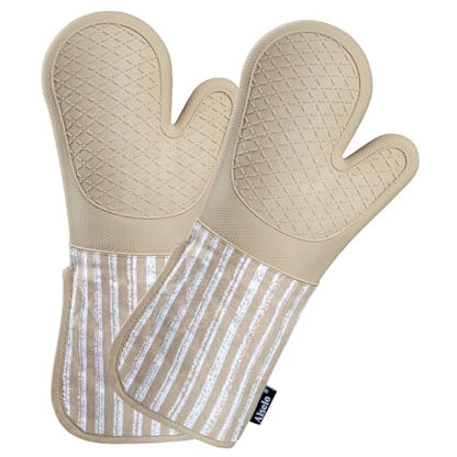 Alselo Silicone Oven Mitts Heat Resistant 932℉ with Waterproof & Non-Slip | Kitchen Mittens Set of 2,Extra Long 7.5"x15" Oven Gloves with Soft Cotton Terry Lining for Baking Cooking BBQ (Khaki,2) - color: Khaki