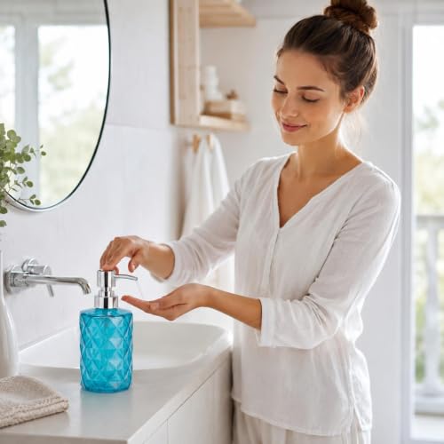 LGURT Prism Clear Blue Glass Soap Dispenser, Stainless Steel Pump | 12 oz, kitchen bathroom countertops, non-drip pump, modern gift-ready decor - color: Clear Blue
