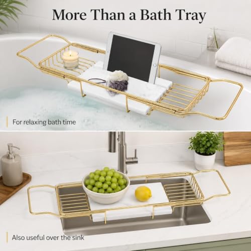 Expandable Stainless Steel Bathtub Caddy Tray with White Marble Board, | Extra Wide Rustproof Shelf, Book Tablet & Wine Glass Stand For Luxury Home Spa(Gold+White) - color: Gold+white