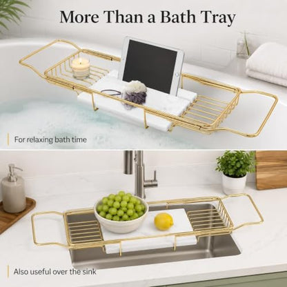 Expandable Stainless Steel Bathtub Caddy Tray with White Marble Board, | Extra Wide Rustproof Shelf, Book Tablet & Wine Glass Stand For Luxury Home Spa(Gold+White) - color: Gold+white
