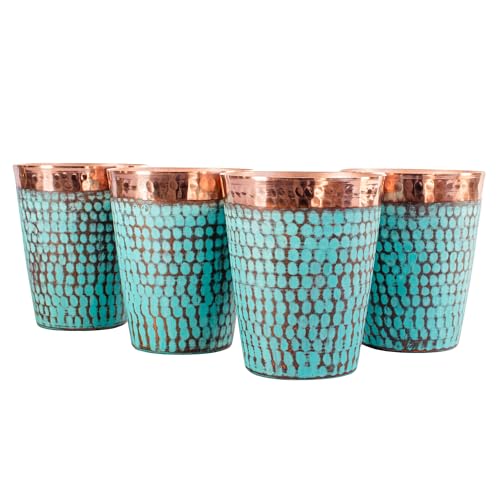 Handcrafted Copper Cups Set - 4 Unique 15 oz Tumblers for Wine & Water | Copper Water Bottle | 100% Authentic Santa Clara, Mexico Craftsmanship | Eco-friendly Gift for Health Enthusiasts - color: Turquoise